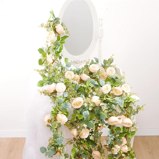 Artificial Flower Garland 2pcs 5.4ft Peony Vine Decor, Champagne Flower | by PONKING