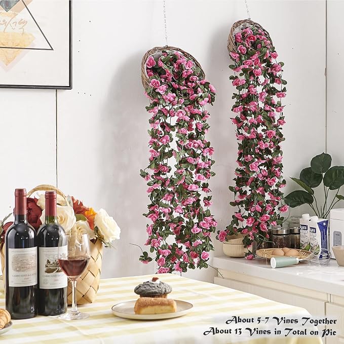 8Pcs x 8.2FT Artificial Flower Garland Rose Vine Decor, Magenta Flower | - Image 2