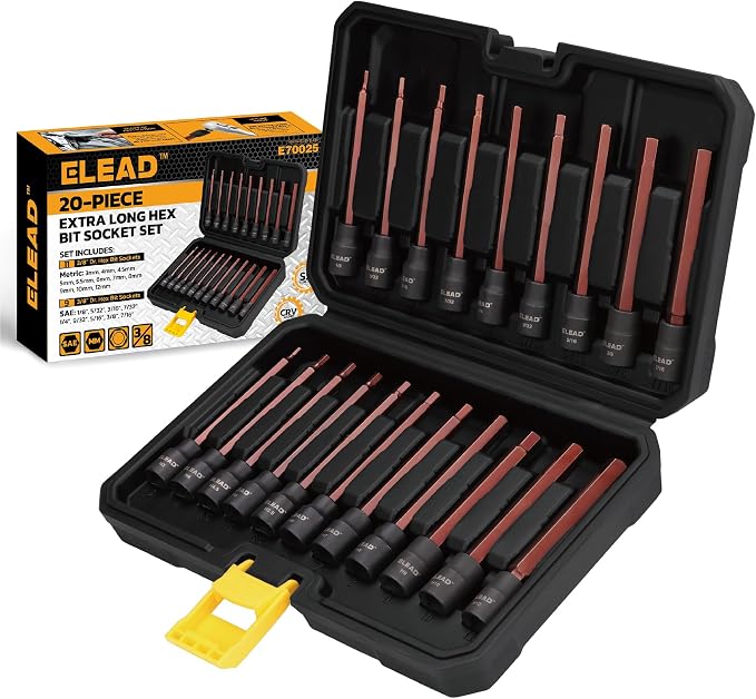 Extra-Long Allen Hex Bit Socket Set: 20-Piece 3/8 Inch Drive, 110mm S2 Steel by ELEAD