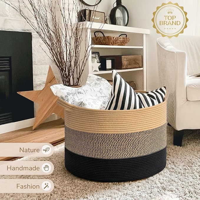 INDRESSME XXXLarge Woven Rope Blanket Basket Living Room, 90L | 21.7" x 13.8" - Image 7