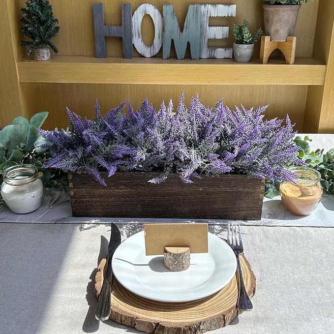 Winlyn 14" Artificial Lavender Flowers Plants in Rectangular Wooden Planter Box - Image 4