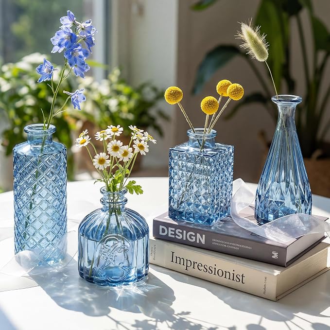 12 Pcs Blue Bud Vases Set, Armber Small Vintage Glass Clear Bud Flower Vases - Image 4