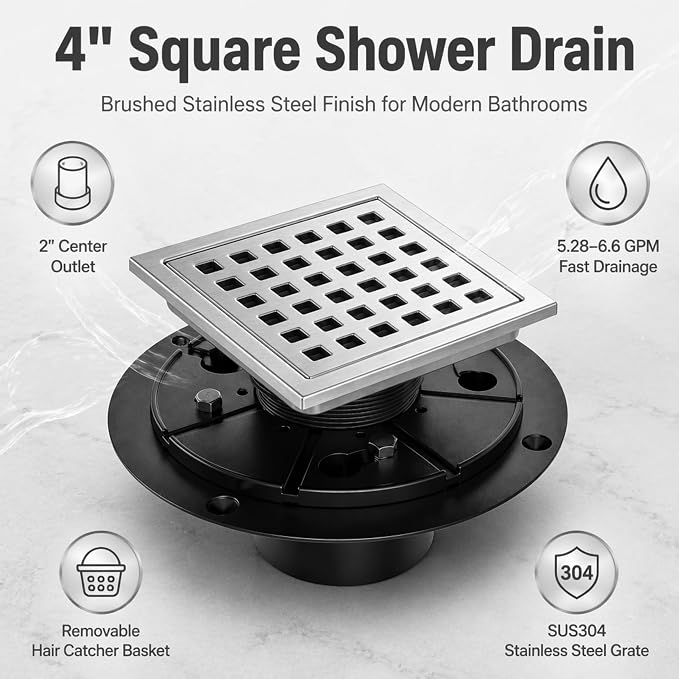 4" Brushed Silver Shower Drain, Square Shower Floor Drain - Image 3