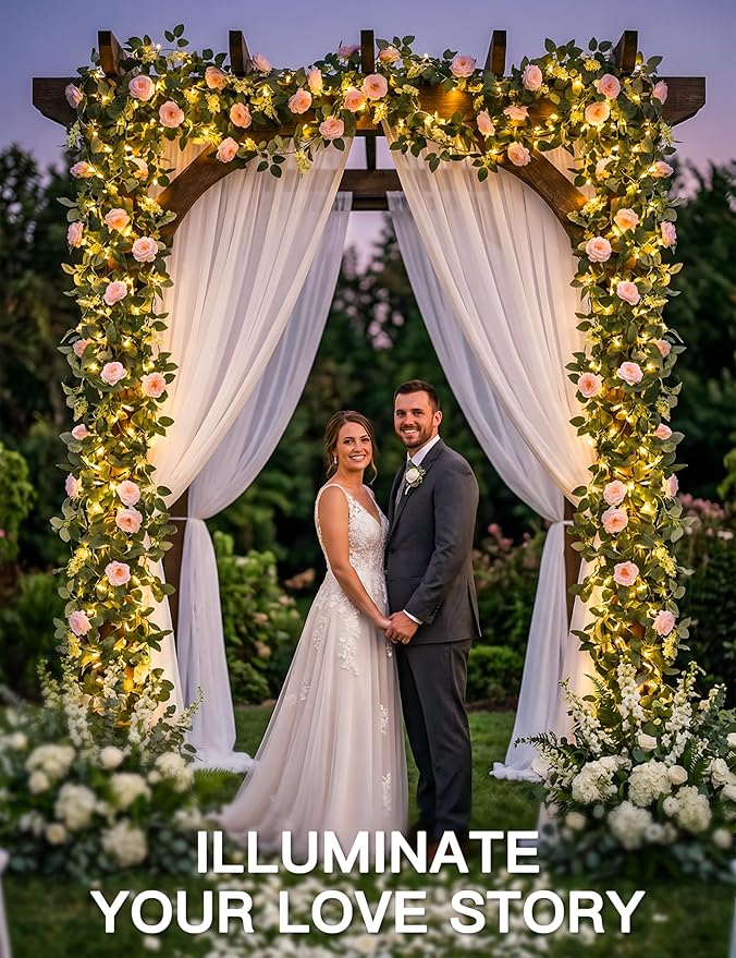 60LED Garland with Pink Camellia Lights Battery Operated Clear Wire | Vines - Image 4