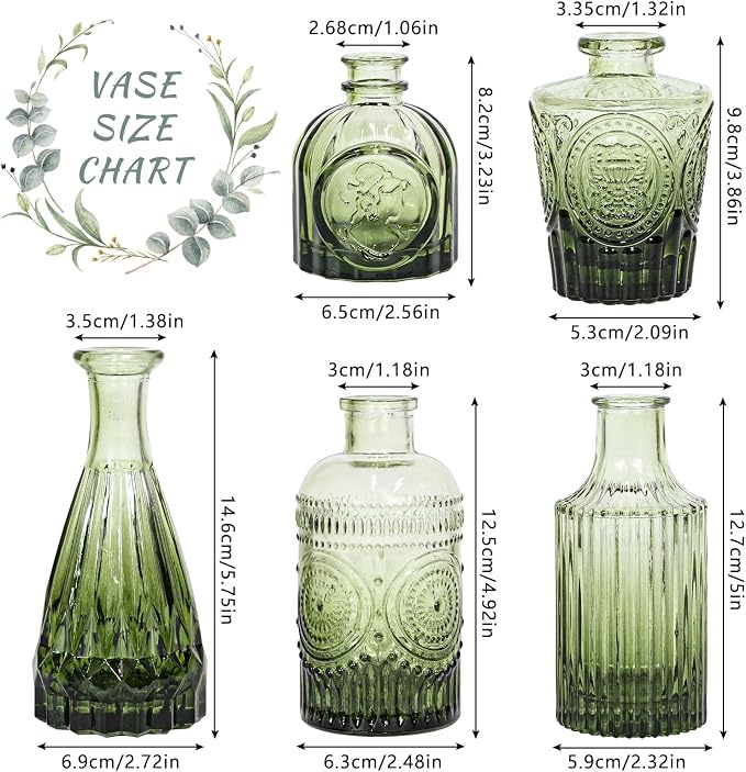 SUPMIND Glass Bud Vase Set of 5, Small Green Flower Vases - Image 2