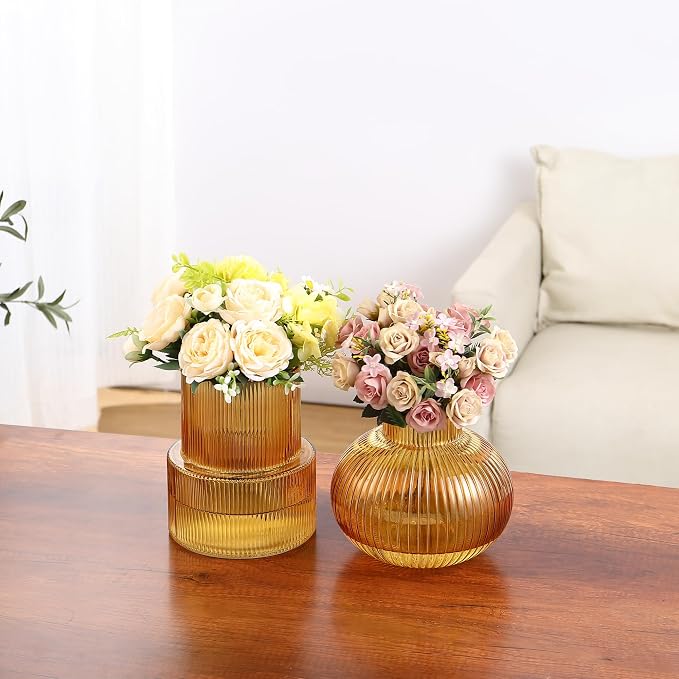 Ribbed Glass Vases, Amber Glass Vase - Image 5