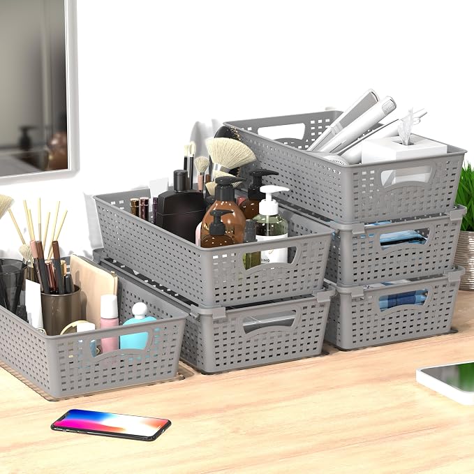 Simple Houseware Stackable Plastic Woven Basket Organizer, 6 Pack - Image 4