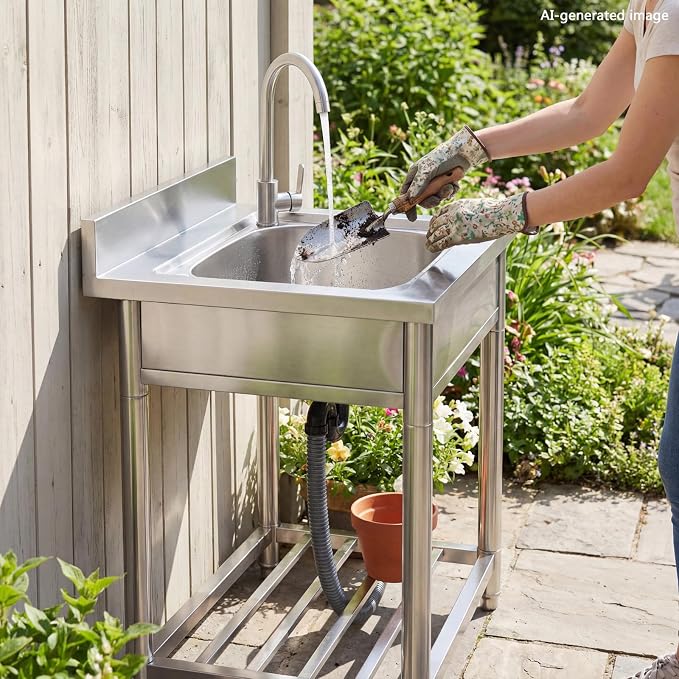 Free Standing Stainless-Steel Single Bowl Commercial Kitchen Sink w/Faucet - Image 9