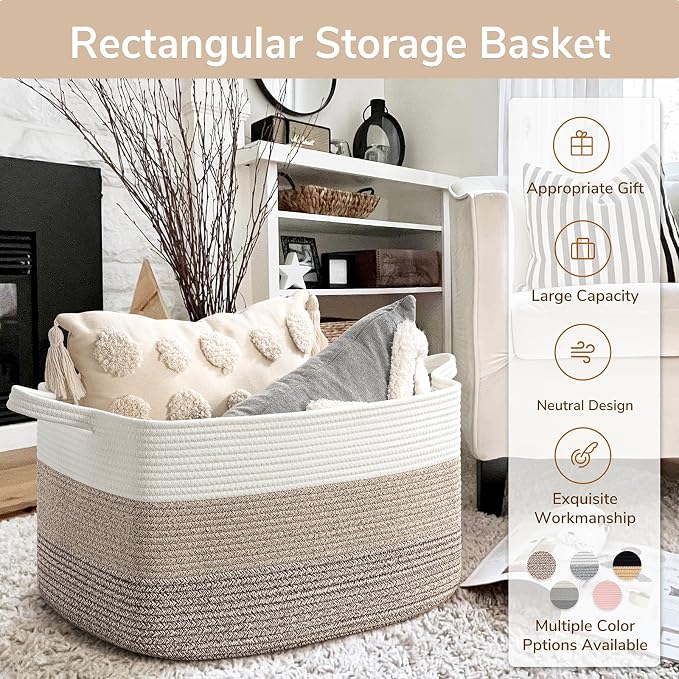 Goodpick Large Woven Rope Blanket Basket, Light Brown | 21.6'' x 14.9'' x - Image 7