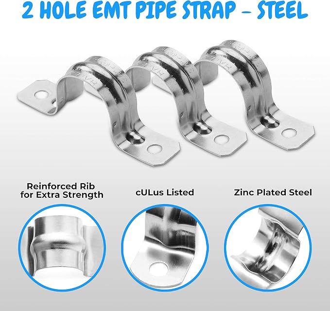 Heavy Duty Pipe Strap Zinc Plated Steel Conduit Clamps, 2 Hole Steel EMT Pipe - Image 3