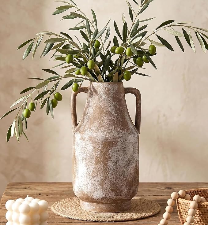 Ceramic Flower Vase with Handles, 11in Tall Rustic Vases by CUCUMI