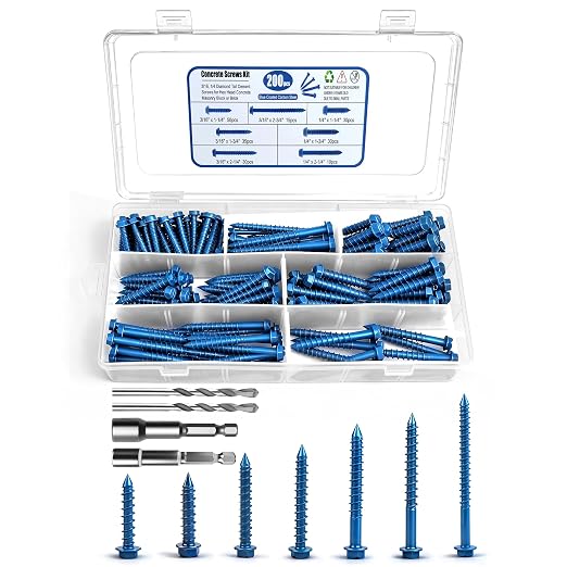 200PCS Concrete Screws, 3/16" 1/4" Masonry Screws by NANAKLAUS