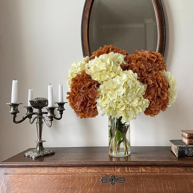 YalzoneMet 3 Pcs Orange Brown Hydrangea Artificial Flowers 21‘’ Real Touch - Image 9