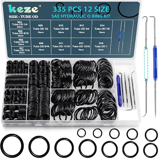 KEZE 335 Pcs Hydraulic O-Ring SAE 900 Series 12 Size Buna-N 70A Inch O Rings by KEZE