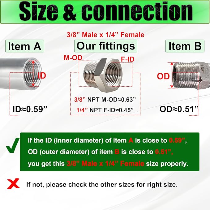 2 Pcs 304 Stainless Steel 3/8" Male to 1/4" Female Reducer Bushing, 3/8 Inch - Image 3