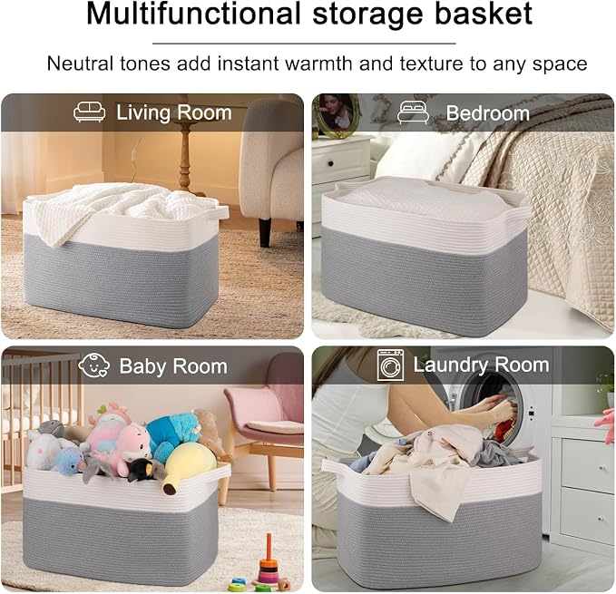 OIAHOMY Extra Large Blanket Basket, 95L Cotton Rope Woven Laundry Basket - Image 6