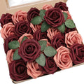 Artificial Flowers 25pcs Real Looking Burgundy & Pinky Cedar Foam Fake Roses by Floroom
