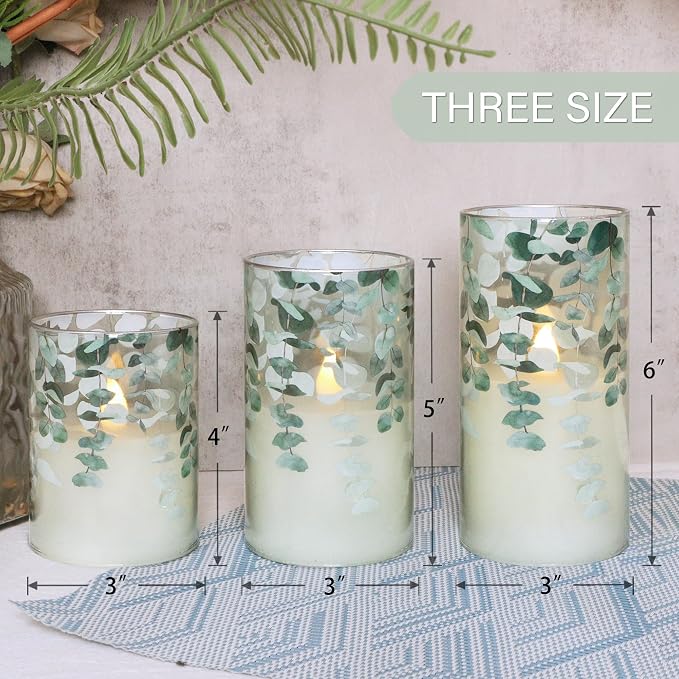 Green Glass Flameless Candles Remote Timer Eucalyptus Leaves Greenery Design - Image 2