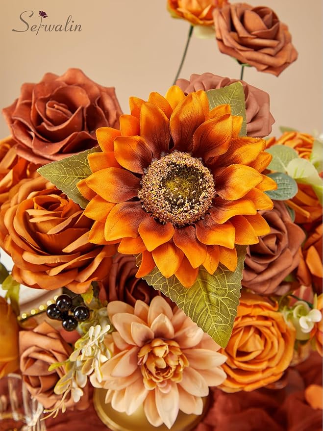 Serwalin Sunflower Artificial Flowers Burnt Orange Fall Flowers - Image 4