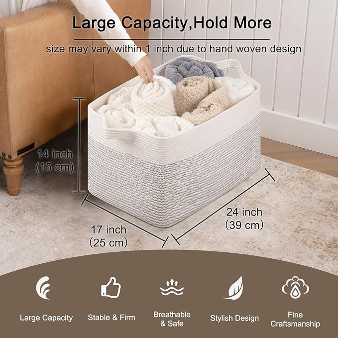 OIAHOMY Extra Large Blanket Basket, 95L Cotton Rope Woven Laundry Basket - Image 3