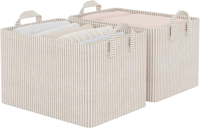 StorageWorks Fabric Storage Bins, Khaki and Beige Stripes, Metal Frame by StorageWorks