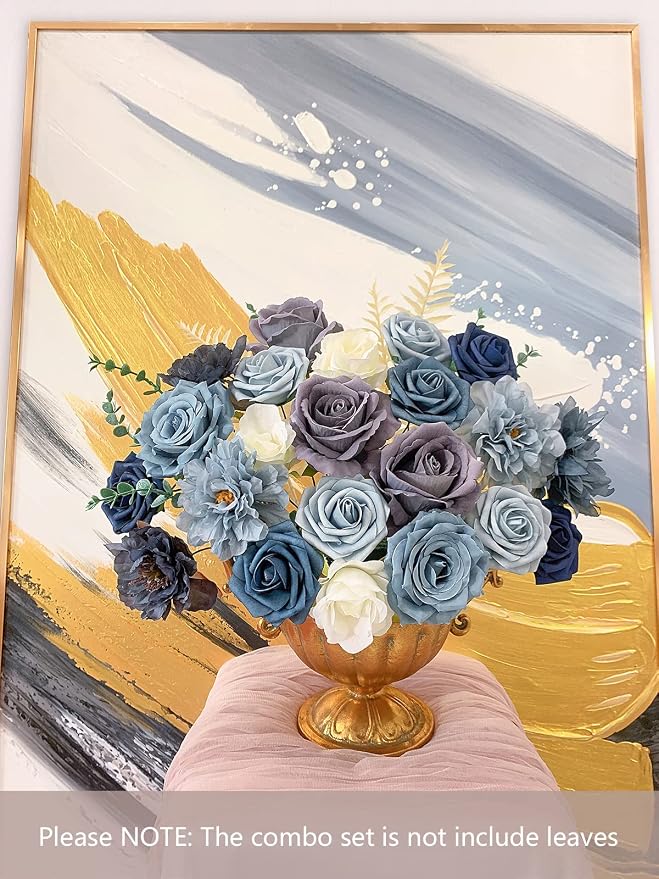 FACINOC Roses Artificial Flowers Dusty Blue Bouquet Fake Flower - Image 4