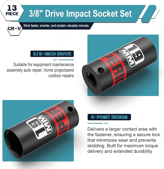 13 Piece 3/8" Drive Impact Socket Set, 7 mm-19 mm Deep Socket, 6 Point - Image 3