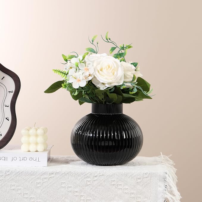 Black Glass Vase, Flower Vases for Bouquet, Ribbed Glass Vases for Flowers - Image 2