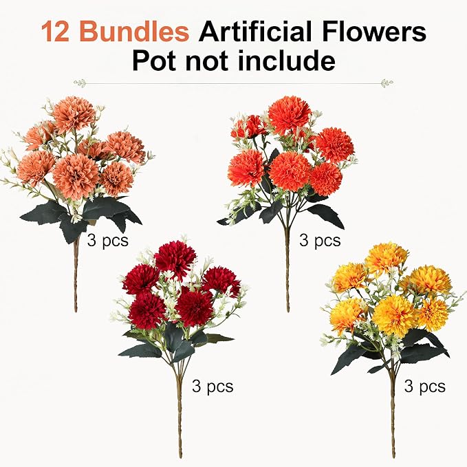 Artificial Mums for Outdoors Fall Flowers Artificial for Decoration, 12 Bundles - Image 6