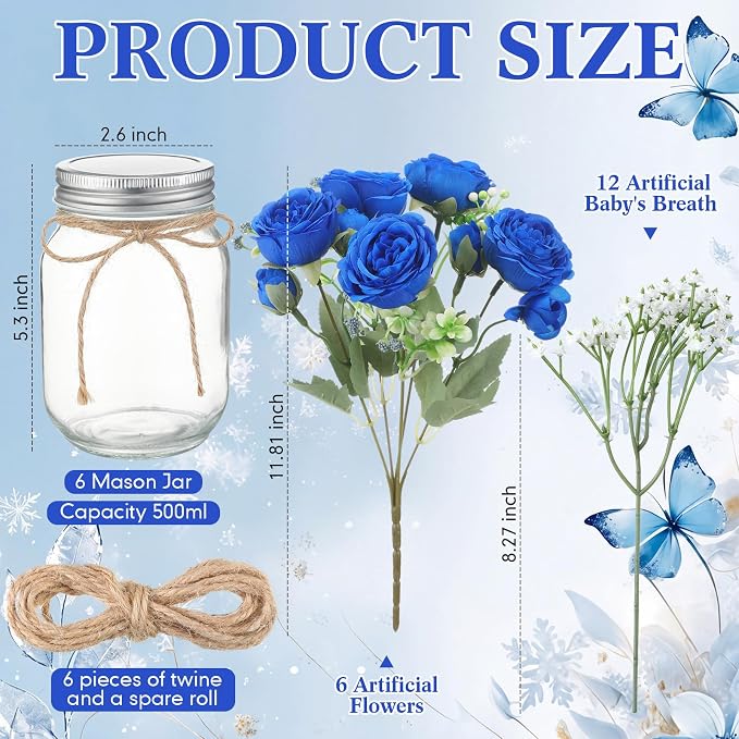 6 Sets Mason Jar Flowers Centerpiece Table Decorations, Royal Blue | Faux - Image 4