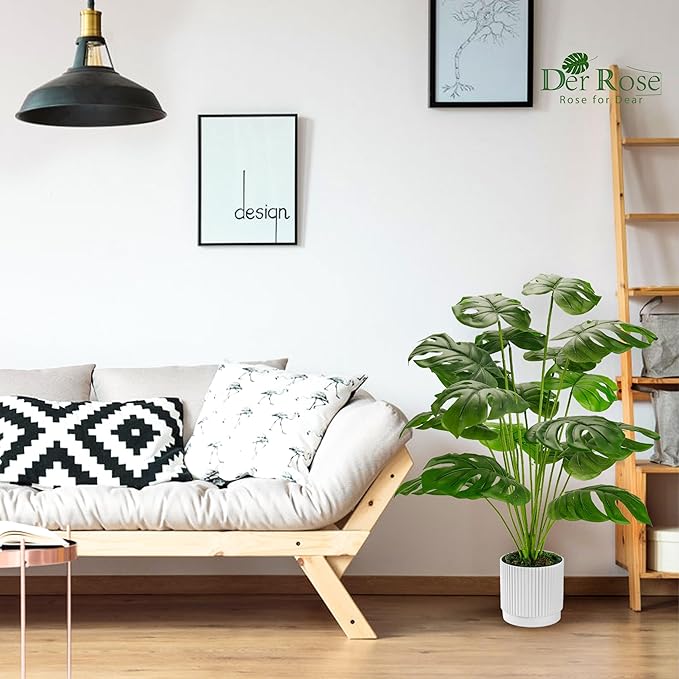 Der Rose 28" Fake Plants, Artificial Monstera Plants Indoor in White Pot | Faux - Image 2