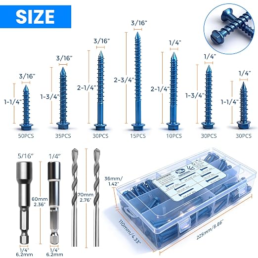 200PCS Concrete Screws, 3/16" 1/4" Masonry Screws - Image 3