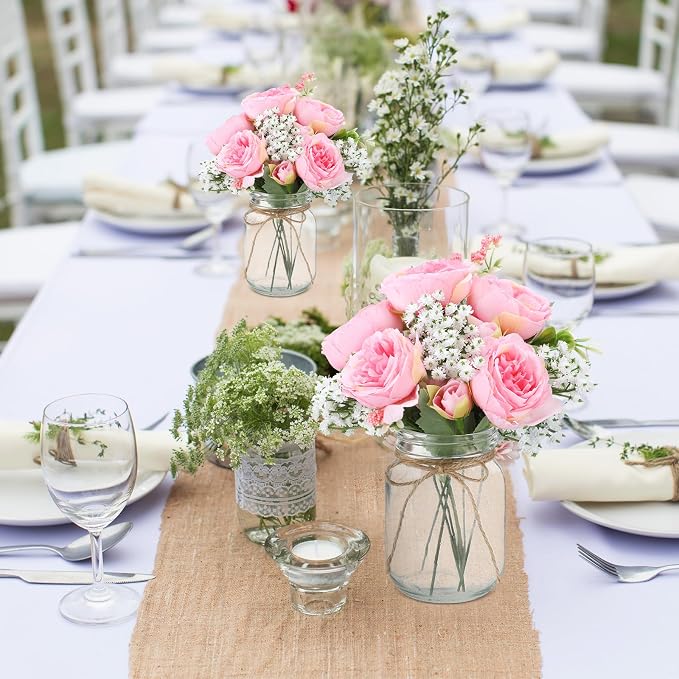 12 Sets Mason Jar Flowers Centerpiece Table Decorations, Coral Pink | Faux - Image 6