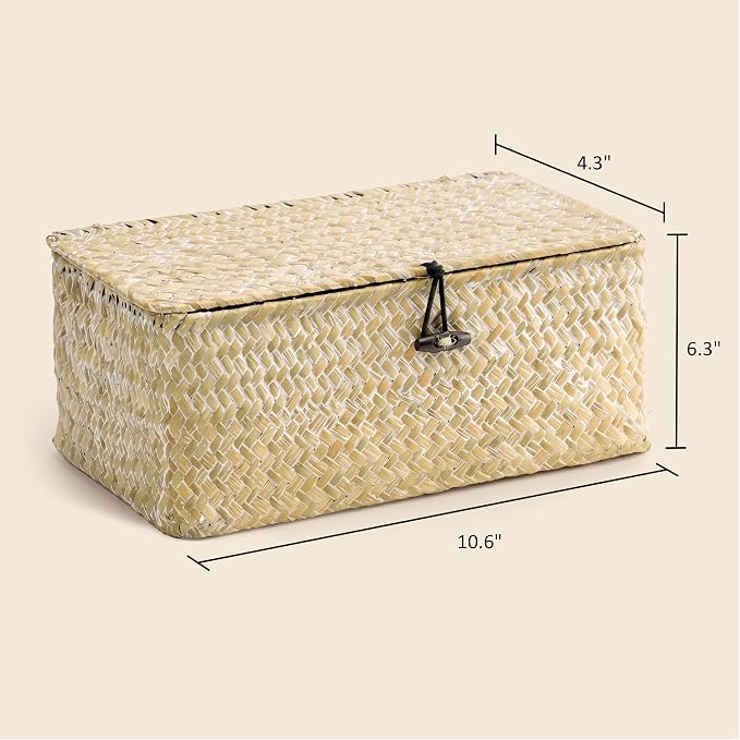 Nonam Small Wicker Basket with Lid, Seagrass Shelf Basket Set of 3, Nautral | - Image 3