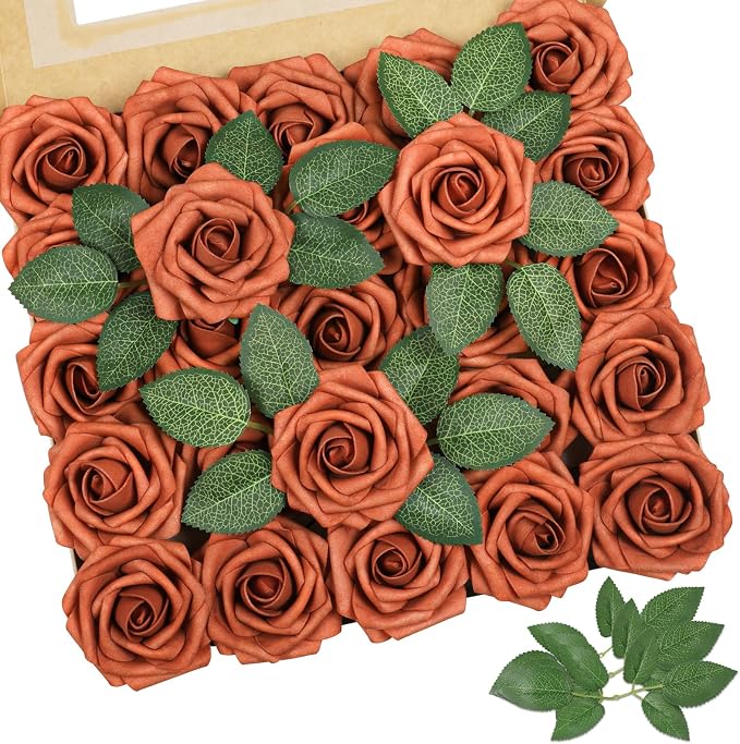 AmyHomie Burnt Orange Rose 25pcs Real Looking Artificial Flowers w/Stem | by AmyHomie