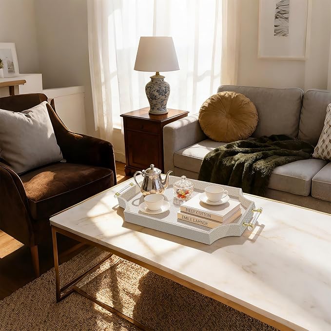 22.6'' × 13'' Coffee Table Tray Shagreen Scalloped Decorative Ottoman Tray | - Image 2