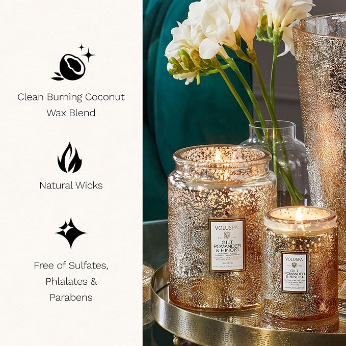 Gilt Pomander Hinoki, Large Candle Jar, 18 oz, 100 Hour Burn Time, Coconut Wax - Image 4