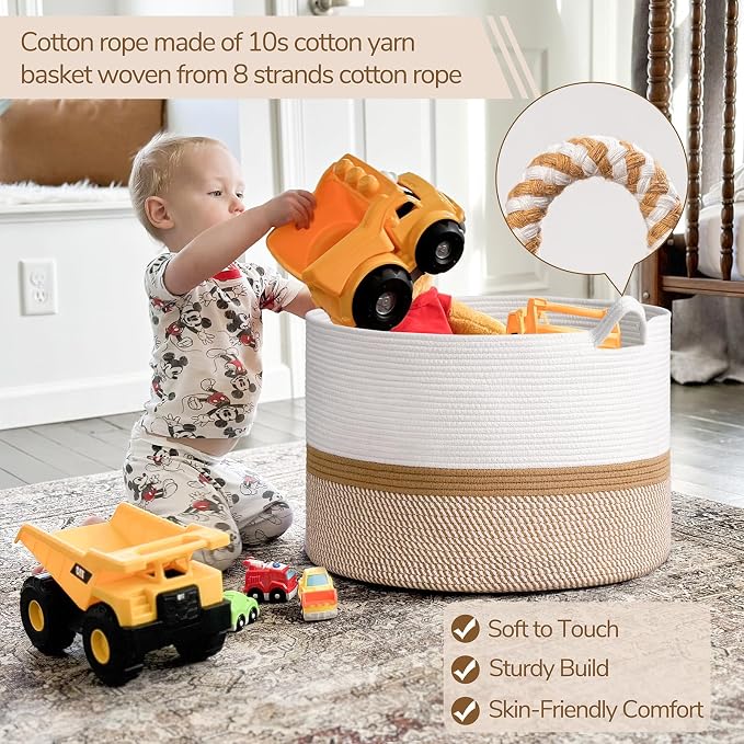 INDRESSME XXXLarge Woven Rope Blanket Basket Living Room White Camel, 90L | - Image 4