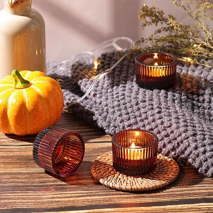 24 Pack Amber Tealight Candle Holders, Glass Votive Candle Holders | Fall - Image 6