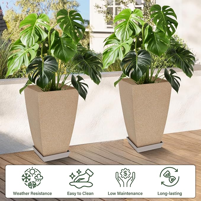Neoaider Set of 2 Tall Planter, 21 inch Large Plastic Planter, Marble | - Image 2