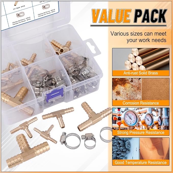 KOOTANS 18PCS Brass Hose Barb Fittings Barb Tee T-Fitting 3 Way Union Kit 1/8″ - Image 5