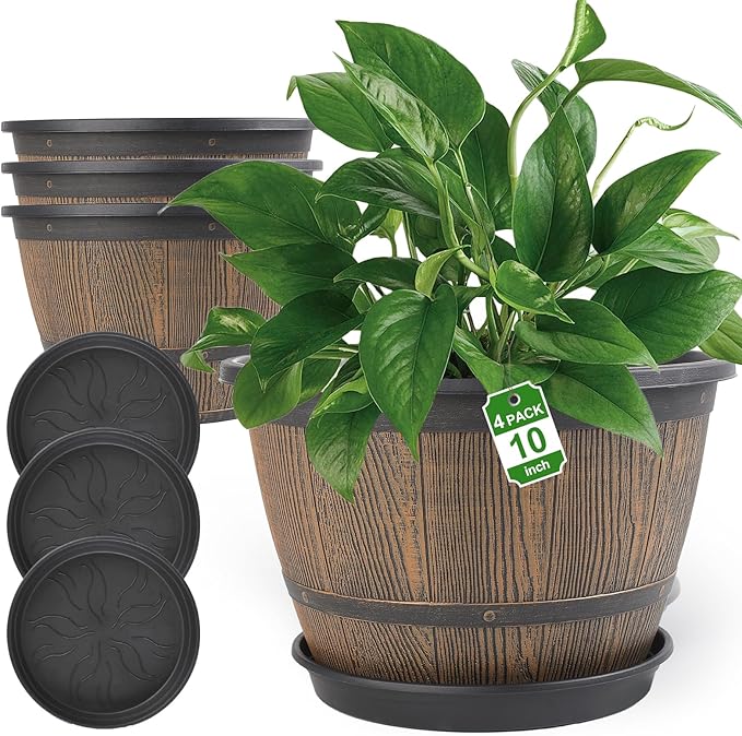 10-inch-Plant-Pots-Indoor-Outdoor, 4 Pack Whiskey Barrel Planters by FlowyypoPlantPot
