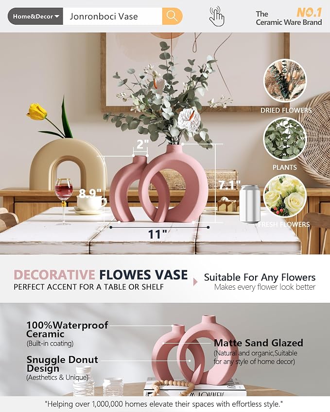 Set of 2 Pink Ceramic Vases for Home Decor Accents - Image 2
