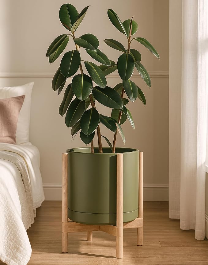 D'vine Dev Ceramic Pot with Natural Wood Stand, 14 in, 55-B-R-J | Mid-Century - Image 6