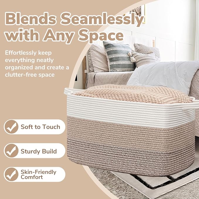 Goodpick Large Woven Blanket Basket 23.6" x 15.7" x 13.8" Cotton Rope Storage - Image 5