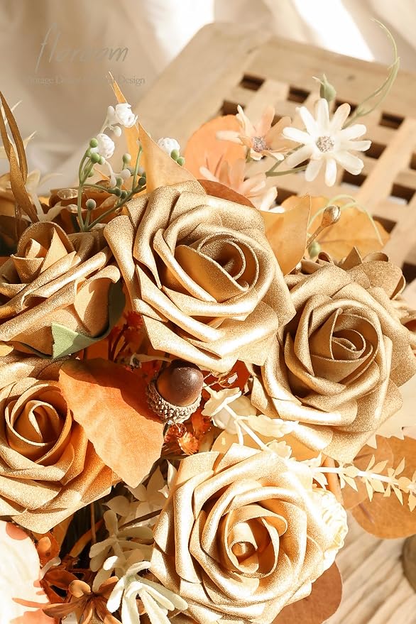 Artificial Flowers 25pcs Real Looking Antique Gold Foam Fake Roses - Image 5