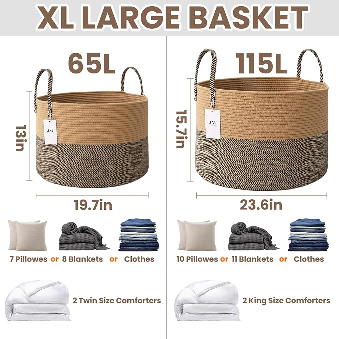 JMvicyroam 65L Extra Large Machine Washable Cotton Rope Blanket Basket | - Image 3