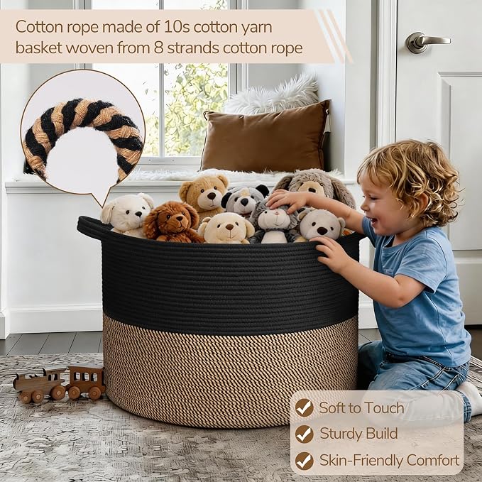 INDRESSME 115L Extra Large Woven Rope Blanket Basket Living Room, Mix Black | - Image 3