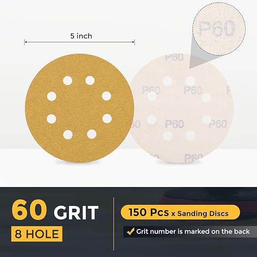 HARFINGTON 150Pcs 5Inch Sanding Discs 60Grit Yellow Aluminum Oxide 8 Hole | - Image 2