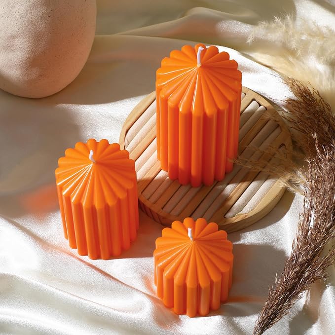 Conelist Set of 3 Fall Orange Ribbed Pillar Candles Soy Wax Scented Candles | - Image 7